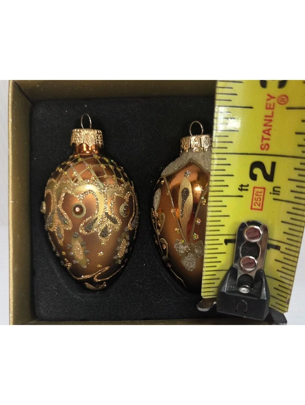 Vintage Style Glass Egg Christmas Ornaments Set of 2 Brown Gold Glitter Boxed